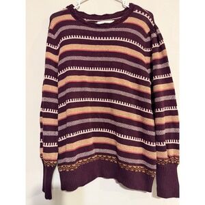 LOFT Striped Sweater Burgundy Gold Tan Long Sleeve Crew Neck Pullover XL Cozy